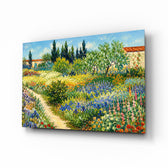 Impressionist Flower Garden Path Glass Wall Art - Lifestyle preview in a designer interior