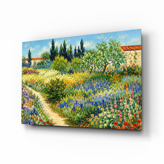 Impressionist Flower Garden Path Glass Wall Art - Lifestyle preview in a designer interior