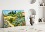 impressionist flower garden with a path panel bringing character to a minimalist living room wall