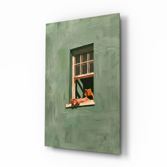 Reader on Windowsill Sage Green Glass Wall Art - Lifestyle preview in a designer interior