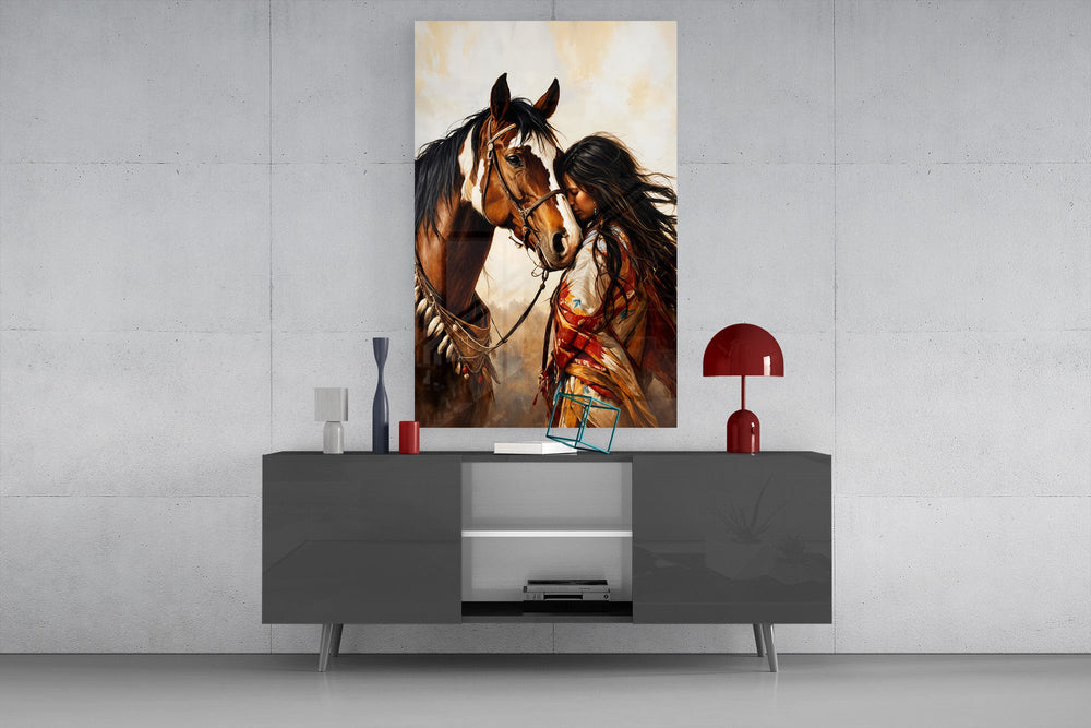 a native woman resting against her horse glass wall art styled in an atmospheric room setting