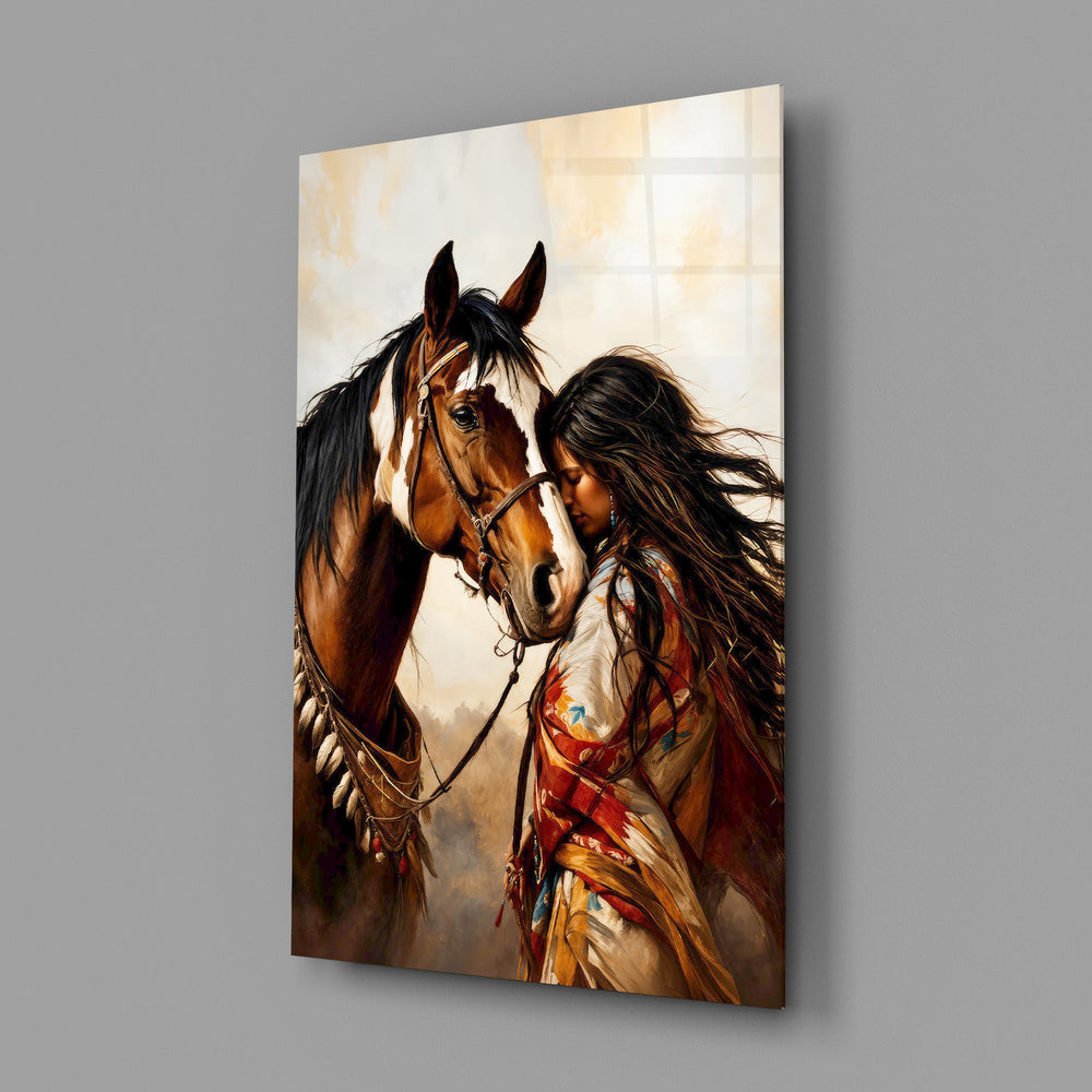 a native woman resting against her horse glass wall art angled to show the polished tempered glass panel