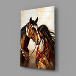 a native woman resting against her horse glass wall art angled to show the polished tempered glass panel