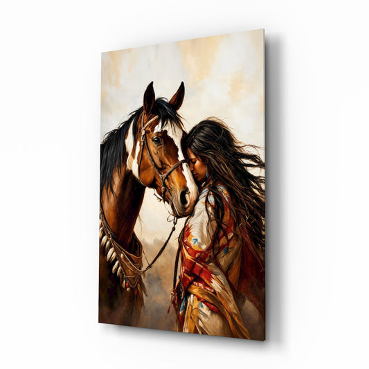 Bay Pinto Horse and Native Woman Glass Wall Art - Lifestyle preview in a designer interior