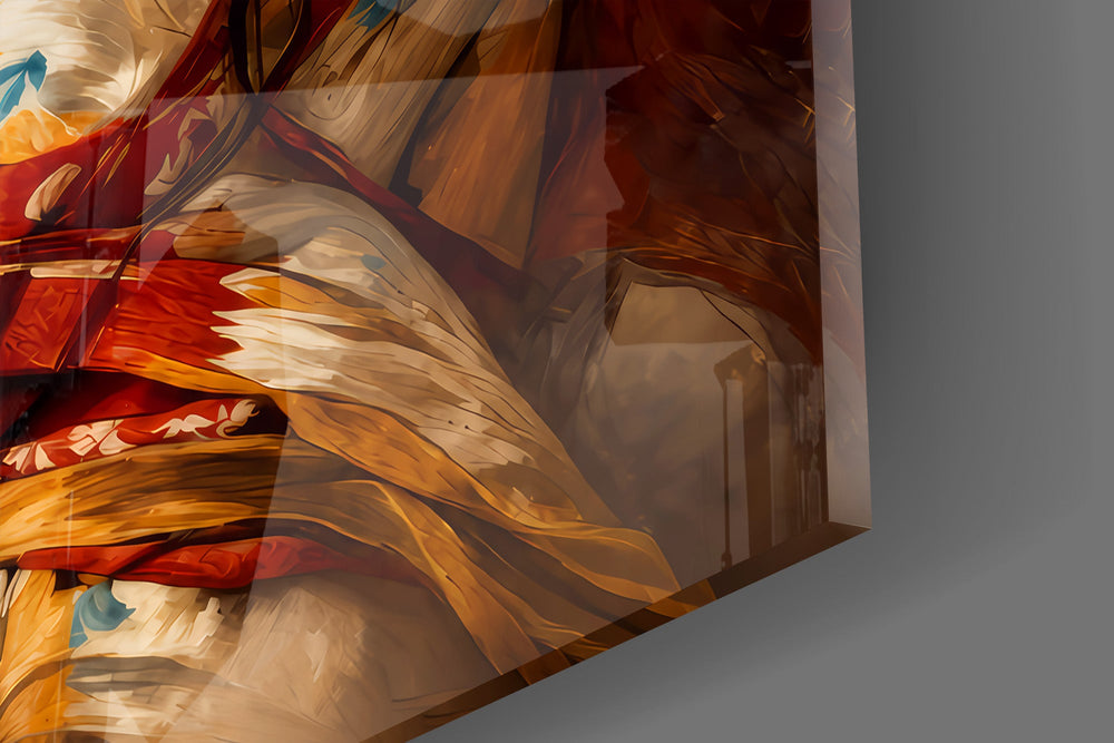Close-up detail of the feathered halter and shell breastplate on the glass surface