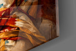 Close-up detail of the feathered halter and shell breastplate on the glass surface