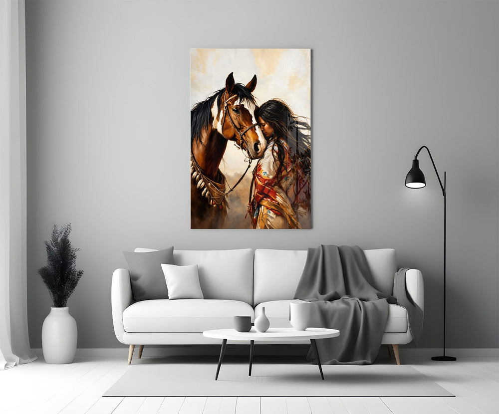 a native woman resting against her horse panel bringing character to a minimalist living room wall