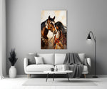a native woman resting against her horse panel bringing character to a minimalist living room wall