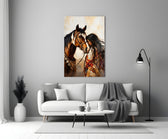 a native woman resting against her horse panel bringing character to a minimalist living room wall