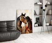 a native woman resting against her horse glass wall art leaning beside a dark leather sofa