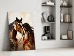 a native woman resting against her horse panel resting in a shelving niche in a modern interior