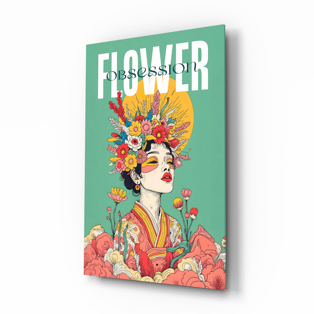 Floral Crown Woman Teal Portrait Glass Wall Art - Lifestyle preview in a designer interior