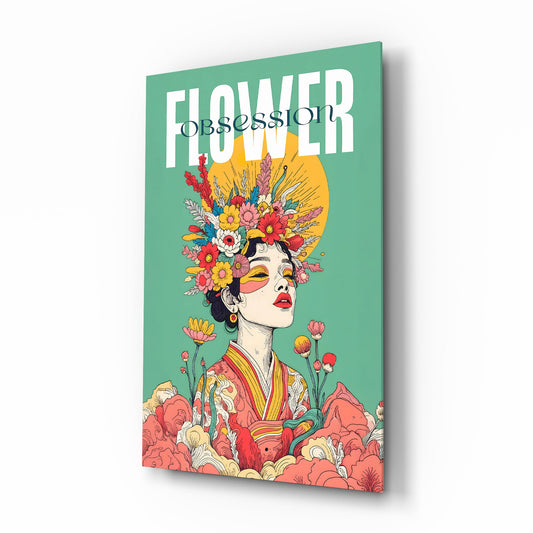 Floral Crown Woman Teal Portrait Glass Wall Art - Lifestyle preview in a designer interior