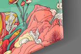 Close-up detail of the layered bloom headdress and sun halo on the glass surface
