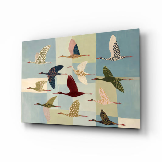 Flying Cranes Patchwork Pastel Glass Wall Art - Lifestyle preview in a designer interior