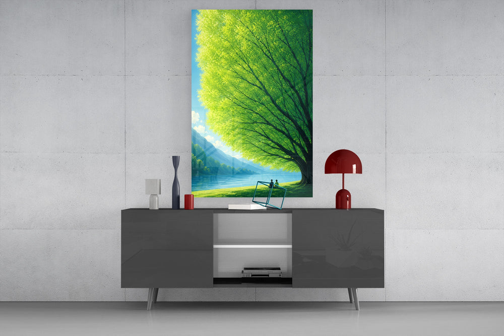two friends beneath a sprawling tree glass wall art styled in an atmospheric room setting