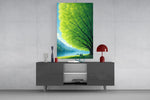 two friends beneath a sprawling tree glass wall art styled in an atmospheric room setting