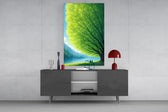 two friends beneath a sprawling tree glass wall art styled in an atmospheric room setting