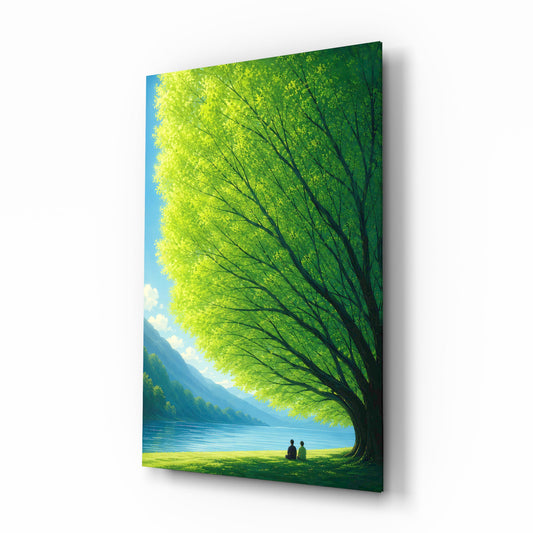 Giant Green Tree Lakeside Calm Glass Wall Art - Lifestyle preview in a designer interior