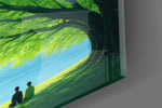 Close-up detail of the layered green canopy over a blue lake on the glass surface