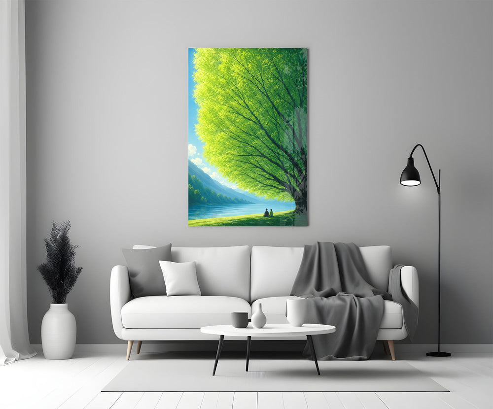 two friends beneath a sprawling tree panel bringing character to a minimalist living room wall
