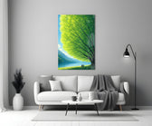 two friends beneath a sprawling tree panel bringing character to a minimalist living room wall