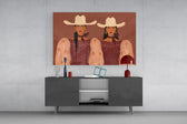 two cowgirls in matching western dresses glass wall art styled in an atmospheric room setting