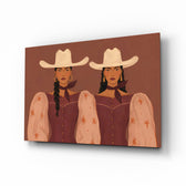 Two Cowgirls in Maroon Western Glass Wall Art - Lifestyle preview in a designer interior