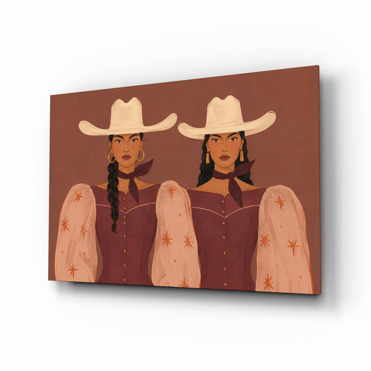 Two Cowgirls in Maroon Western Glass Wall Art - Lifestyle preview in a designer interior