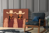 two cowgirls in matching western dresses panel resting in a shelving niche in a modern interior