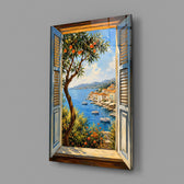 a harbor seen through open shutters glass wall art angled to show the polished tempered glass panel
