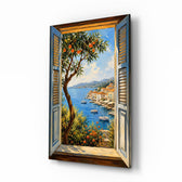 Coastal Village Window View Glass Wall Art - Lifestyle preview in a designer interior
