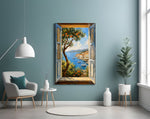 a harbor seen through open shutters glass wall art styled above an armchair in a reading corner