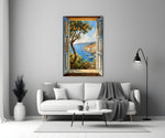 a harbor seen through open shutters panel bringing character to a minimalist living room wall