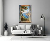 a harbor seen through open shutters panel bringing character to a minimalist living room wall
