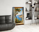 a harbor seen through open shutters glass wall art leaning beside a dark leather sofa
