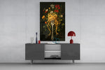 pasta twirled on a fork with blooms glass wall art styled in an atmospheric room setting