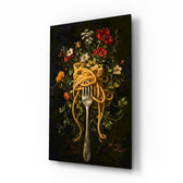 Spaghetti Fork and Wildflowers Glass Wall Art - Lifestyle preview in a designer interior