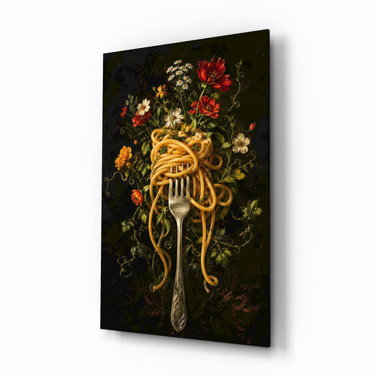 Spaghetti Fork and Wildflowers Glass Wall Art - Lifestyle preview in a designer interior