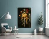 pasta twirled on a fork with blooms glass wall art styled above an armchair in a reading corner