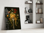 pasta twirled on a fork with blooms panel resting in a shelving niche in a modern interior