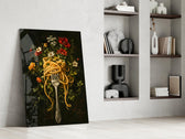 pasta twirled on a fork with blooms panel resting in a shelving niche in a modern interior