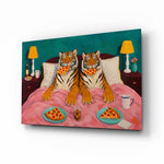 Two Tigers Eating Pizza in Bed Glass Wall Art - Lifestyle preview in a designer interior
