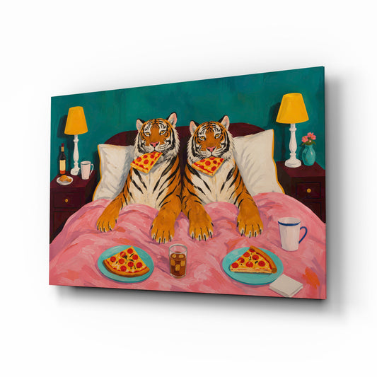 Two Tigers Eating Pizza in Bed Glass Wall Art - Lifestyle preview in a designer interior