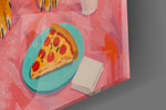 Close-up detail of the pepperoni slices and pink bedding on the glass surface