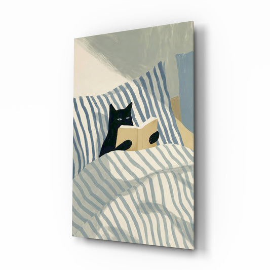 Reading Black Cat Blue Striped Bed Glass Wall Art - Lifestyle preview in a designer interior