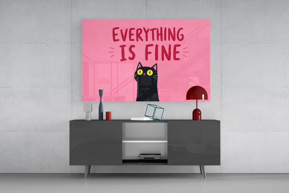 startled black cat on hot pink glass wall art styled in an atmospheric room setting