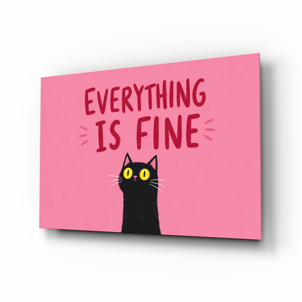 Wide-Eyed Black Cat Pink Humor Glass Wall Art - Lifestyle preview in a designer interior