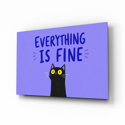 Wide-Eyed Black Cat Purple Humor Glass Wall Art - Lifestyle preview in a designer interior