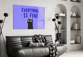 startled black cat on periwinkle purple glass wall art styled above an armchair in a reading corner